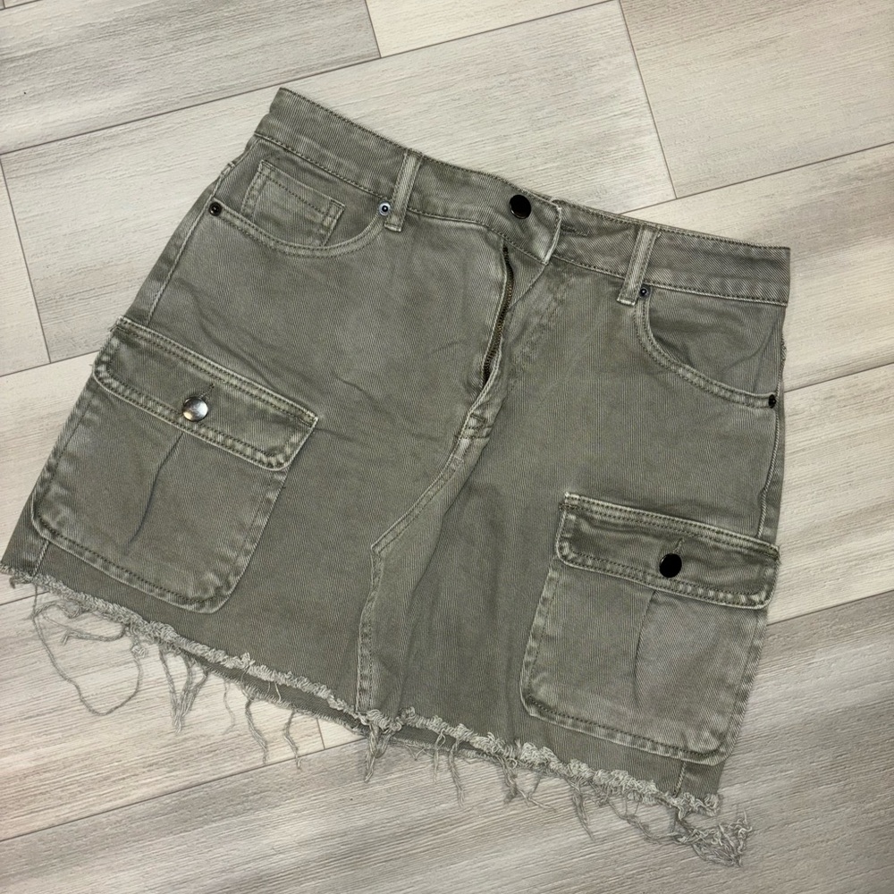 Army Green Denim Cargo Skirt